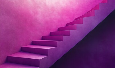 Vibrant purple and pink geometric staircase ascending on a textured stucco wall.
