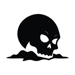 Creepy Skull Silhouette Vector Illustration of Cracked Human Skull Half Buried in Ground