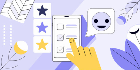 Customer feedback and rating system with a hand interacting with a checklist on a mobile device