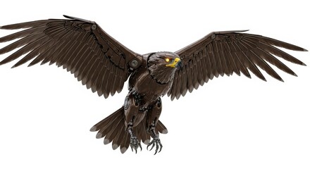 Obraz premium Mechanical Eagle with Spread Wings: Brown Robot Bird in Flight with Glowing Eyes Isolated