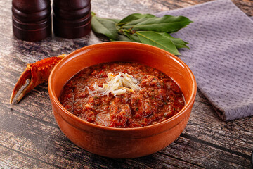 Tomato gazpacho soup with crab