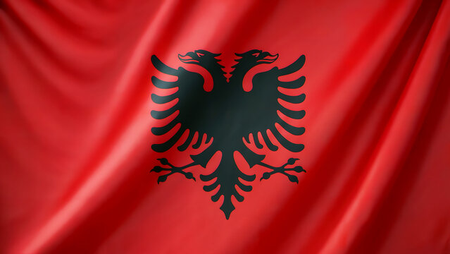 A photograph of the Albanian flag serving as a dramatic backdrop, featuring the iconic black double-headed eagle silhouetted against a vibrant red field. The flag's rich crimson fabric ripples gently - Powered by Adobe