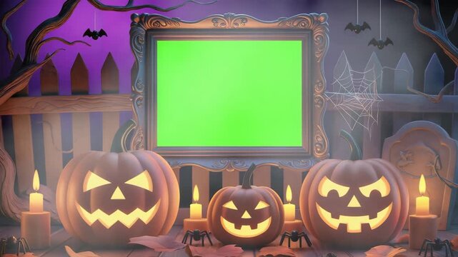 Halloween Night Green Screen Frame with Spooky Jack-o'-Lanterns and Candles