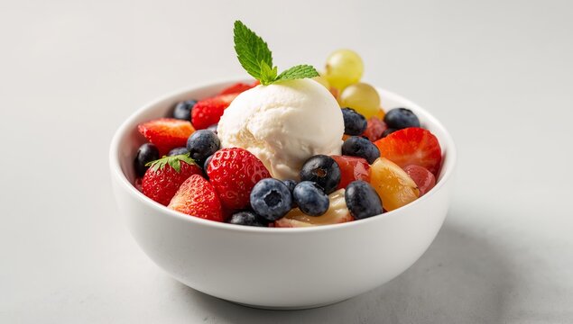 Berry Burst Delight. A Sweet Composition in White Bowl with Cooling Sphere Topping. - Powered by Adobe