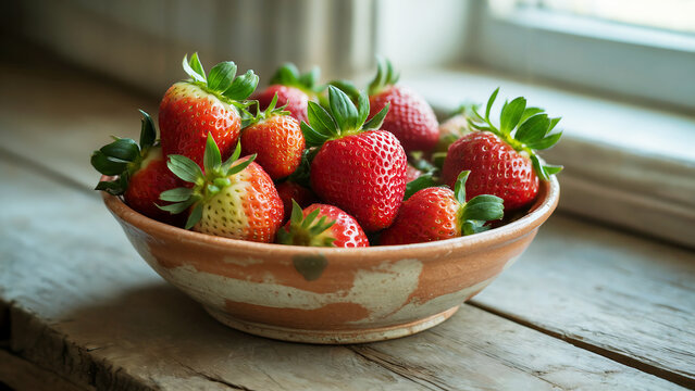 A photograph of a rustic ceramic bowl filled with fresh, ruby-red strawberries with vibrant green leafy tops. The bowl has an earthy, hand-thrown appearance with subtle imperfections and a matte glaze