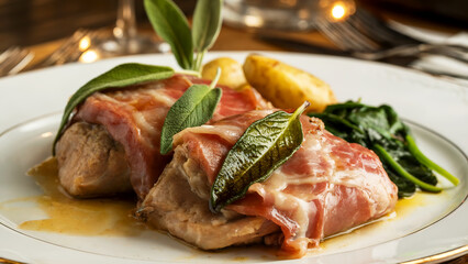 A photograph of an elegant plate of Saltimbocca alla Romana, featuring tender veal cutlets wrapped in paper-thin prosciutto and fresh sage leaves, pan-seared to golden perfection. The meat glistens wi