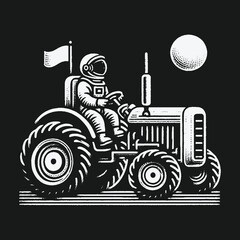 Naklejka premium Whimsical black and white drawing of a spaceman on a farm tractor.