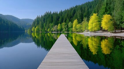 Wooden Dock Leads Into Calm Blue Water Surrounded By Lush Green Forest With Yellow Autumn Trees And Mountain Reflections Under Clear Blue Sky