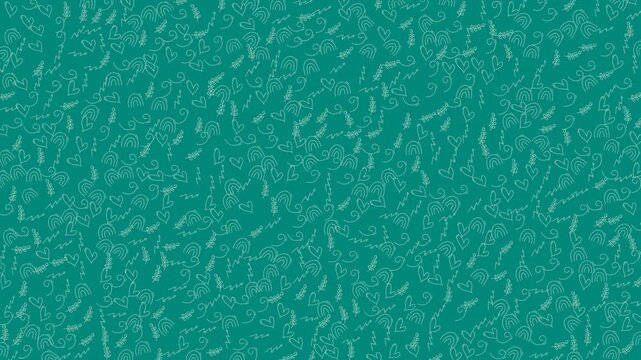Green background displays many light doodles of hearts rainbows and leaves