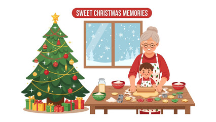 Sweet Christmas Memories: A warm illustration capturing a grandmother and grandchild baking Christmas cookies together, surrounded by the festive spirit of a decorated tree and falling snow.