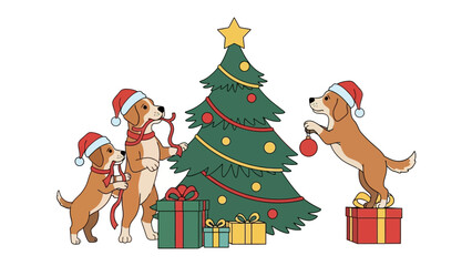 Festive Paws and Pine: Delightful puppies decked out in festive attire collaborate to adorn a Christmas tree, wrapping gifts beneath, spreading holiday cheer and togetherness.