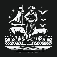 Obraz premium Vintage black and white illustration of a sailor shepherd feeding two sheep on a dock.