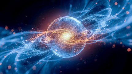 Glowing energy sphere with swirling particles on dark background in digital style.