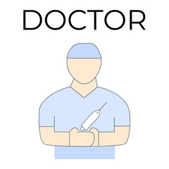 A flat vector icon of a doctor with a syringe in his hand for topics related to healthcare, medicine, diagnostics, health care, the work of medical personnel, for websites, in advertising, on banners