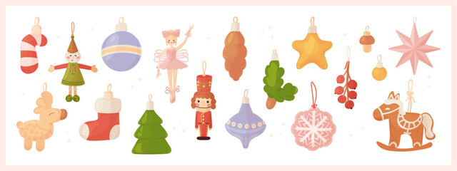 Christmas banner with vintage ornaments. Festive retro decorations collection. Cute flat vector illustration. © Vala Ivashchenko