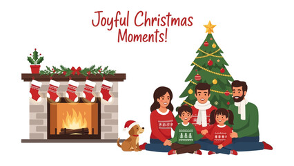 Joyful Christmas Moments: A family is gathered in front of the Christmas tree near the fireplace, sharing a moment of joy and warmth. The festive scene, filled with happiness.