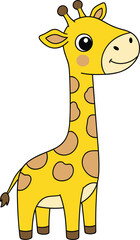 Cute cartoon giraffe standing with big eyes and smiling face, adorable yellow animal illustration for kids, zoo wildlife art design