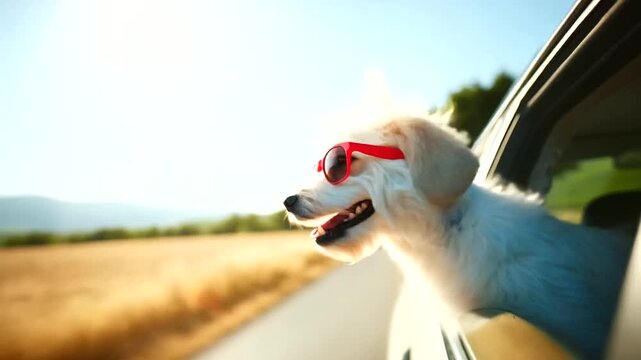 joyful scene of a playful dog wearing bright red sunglasses, happily sticking its head out of a moving car window on a sunny day. The wind ruffles its fur as it 