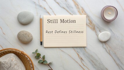 Still Motion Concept with Inspirational Quote on Notepad Surrounded by Natural Elements and Calm Atmosphere