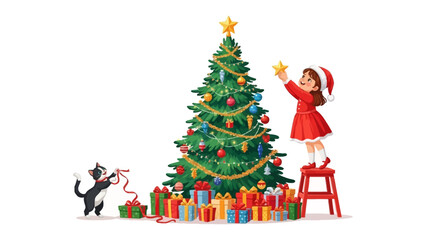 Christmas Cheer: A little girl adorned in a festive outfit, lovingly places a star atop a Christmas tree, with a playful cat assisting in the enchanting scene of holiday preparation.