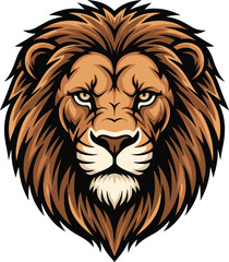 Majestic lion head illustration with detailed mane, powerful wild animal artwork, vector logo design symbol of strength and courage