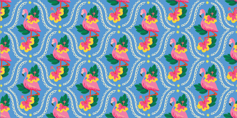 Tropical flamingo and hibiscus floral seamless vector pattern in pink, yellow, green, and blue tones. Perfect for summer wallpaper, fabric and textile prints. © TWINS DESIGN STUDIO