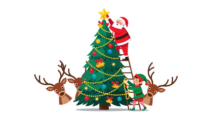 Santa and Elf Decorating Christmas Tree: Santa Claus and a cheerful elf are busy decorating a festive Christmas tree with ornaments and lights.