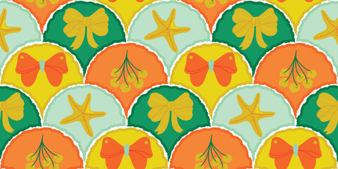 Tropical vector seamless pattern with bows, cherries and starfish in yellow, orange and green tones — playful summer design for fabric, wallpaper, packaging and decorative prints.