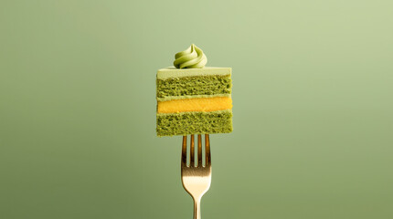 Slice of cake on golden fork against green background in minimalist style.