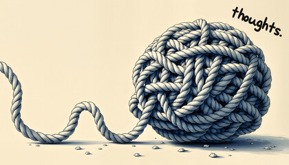 Ball of tangled rope with label 'thoughts', for mental clarity and well being