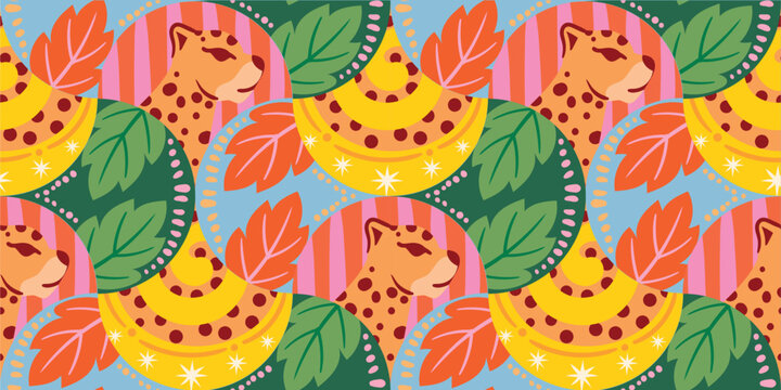 Tropical leopard vector seamless pattern with orange jungle cats, green leaves and yellow shapes on pink striped background &mdash; exotic wildlife design for fabric, wallpaper, packaging and home decor.