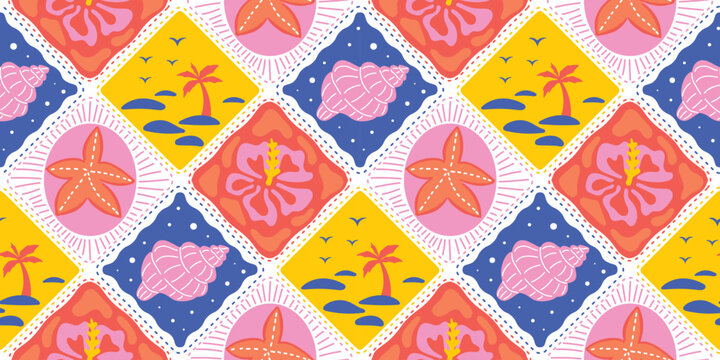 Pastel diamond seamless pattern vector with flowers and shells for summer decor