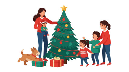 Christmas Family: A family gathers around a decorated Christmas tree, children and a mother, preparing for Christmas. A dog excitedly approaches wrapped gifts, under the tree.