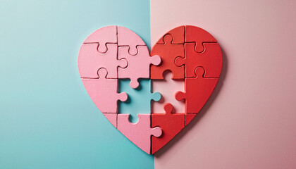 Heart shaped jigsaw puzzle half completed against split pink and blue background provides space for text. Heart shaped jigsaw puzzle pieces create relationship metaphor about love and connection.