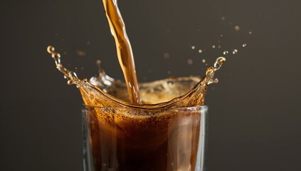 Brown liquid splash in a glass, capturing the dynamic movement of a fluid pour.
