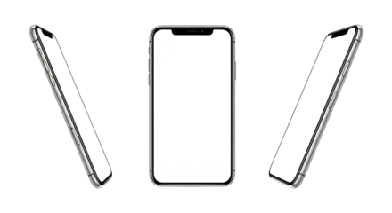 Three modern smartphones shown from different angles isolated on transparent background