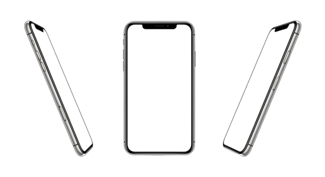 Three modern smartphones shown from different angles isolated on transparent background
