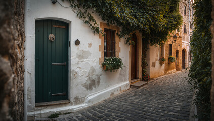 Charming European alleyway with cobblestone street and lush greenery