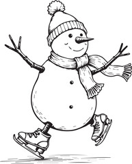 A charming snowman joyfully glides across the ice in this delightful winter illustration, exuding happiness and festive cheer with his warm hat, scarf, and ice skates.