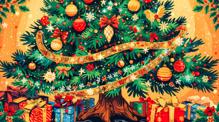 Fototapeta premium Colorful Christmas tree with baubles, ribbon, and presents, in a painted style on a glowing orange backdrop, celebrating holiday joy