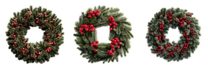 Set of Christmas wreaths with pine needles and red berries, isolated on transparent background