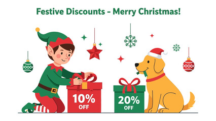 Festive Discounts- Merry Christmas: An illustration captures the holiday spirit, a helpful elf presents gifts adorned with festive discounts for Christmas, joined by a happy dog wearing Santa's hat. 