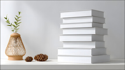 books and decorative objects in a modern setting, a stack of blank book covers near a small vase with sprig