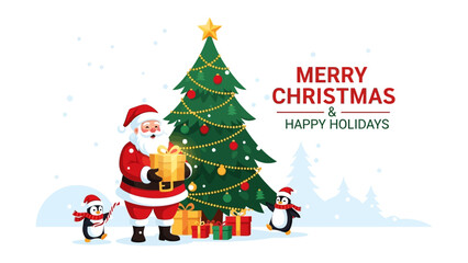 Festive Christmas Scene: A joyful Santa Claus figure is centered, radiating cheer as he prepares to give wrapped gifts beside the Christmas tree. With penguins, it's a perfect holiday image.