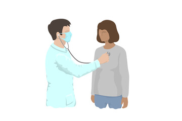 male doctor in a mask listens to the heart of a female patient - hand drawn vector illustration. Medical health checkup