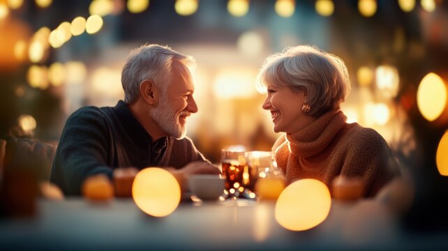 Happy mature elderly couple enjoying romantic outdoor dinner date, sharing loving moments with authentic smiles, laughter, and warm golden glow, celebrating joyful companionship.