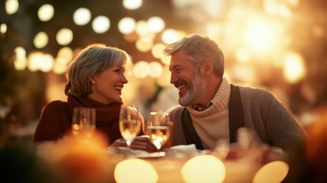 Happy senior couple enjoying romantic outdoor dinner at golden sunset, celebrating love connection with wine, intimate conversation, elegant evening lifestyle.