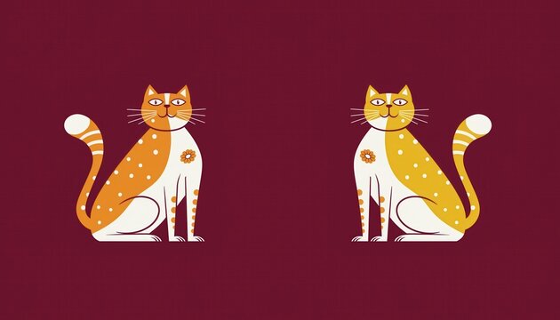 Two stylized, orange and white spotted cats with curled tails sit facing forward against a solid maroon background. The design has a flat, graphic illustration style.