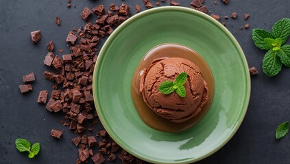 Chocolate Dessert Presentation on Green Plate with Mint Garnishes and Chopped Chocolate.