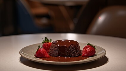 Chocolate Dessert with Berries, a Simple Culinary Still Life on a Beige Plate.